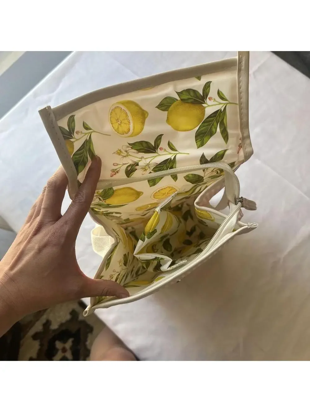 Ollie & Olivia Pink and White Striped Crossbody Bag with Lemon Print Interior
